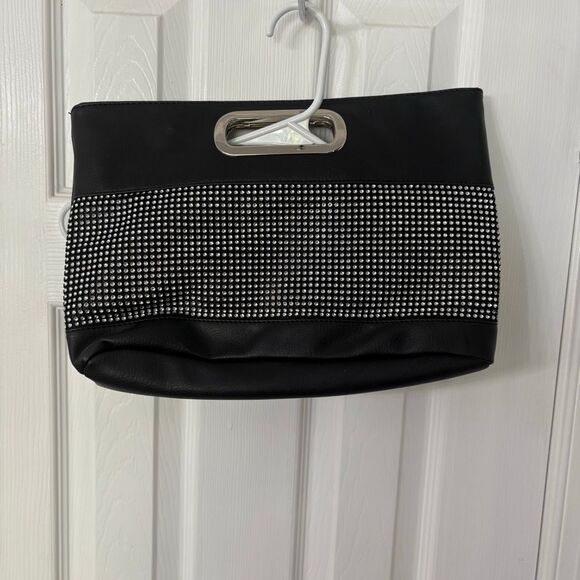 Black Rhinestone Handle Clutch Purse – Evening Handbag with Silver Details - Picture 1 of 8